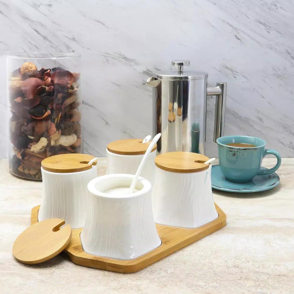 Elama Ceramic Condiment Jar Set with Bamboo Lids, Serving Spoons, and Tray - 13 Piece White Set