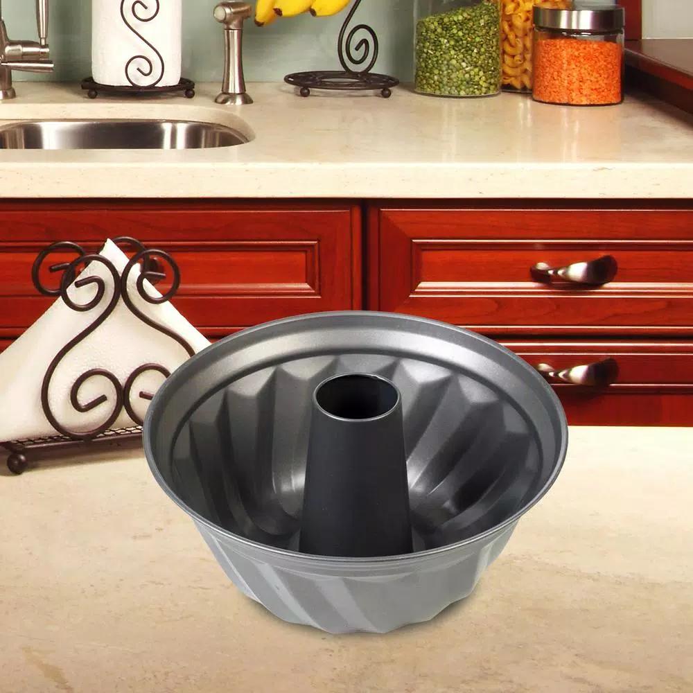 Home Basics Non-Stick Steel Fluted Bundt Cake Pan, Grey