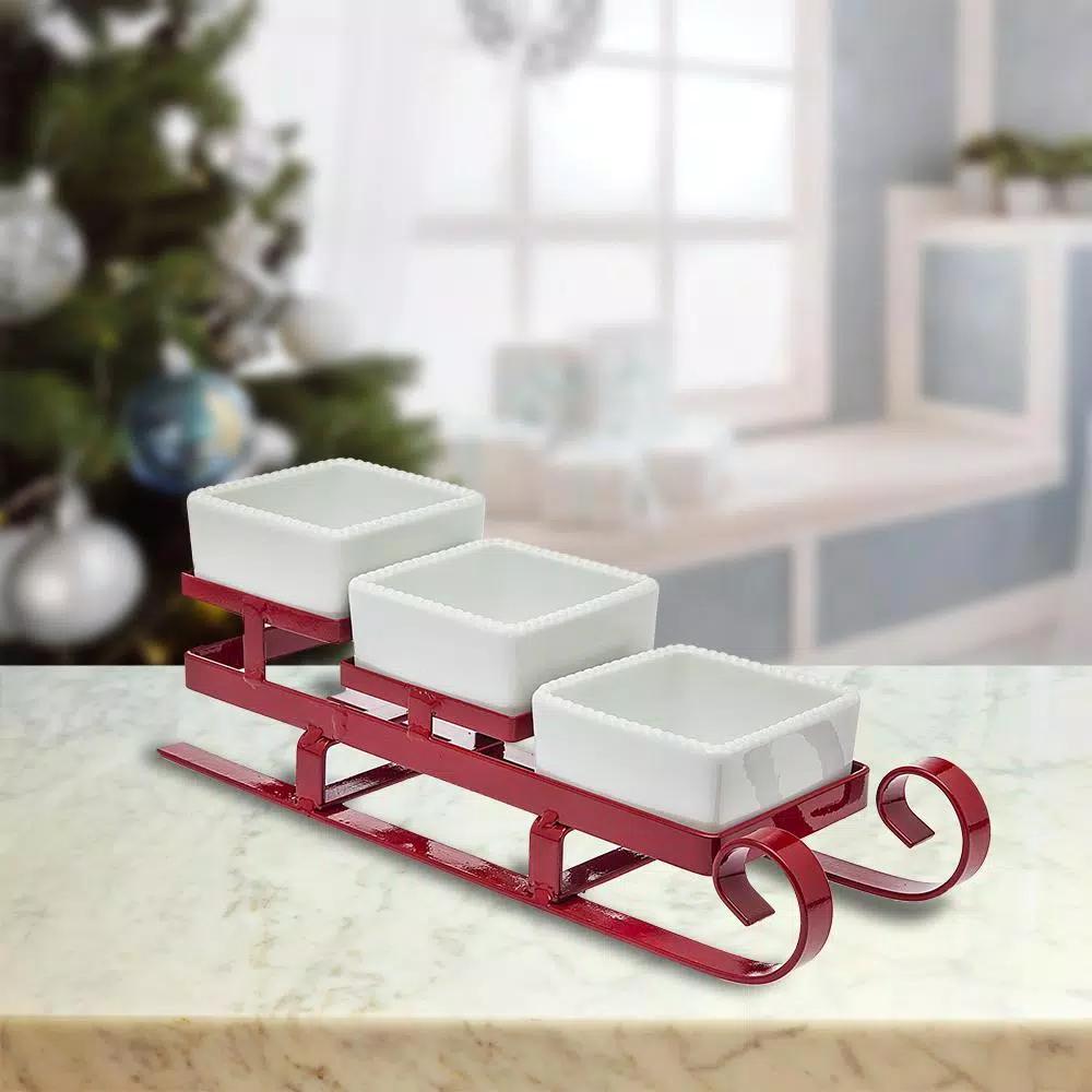 Godinger Metal Santa Sleigh and 3-Piece Relish Bowl Set - White