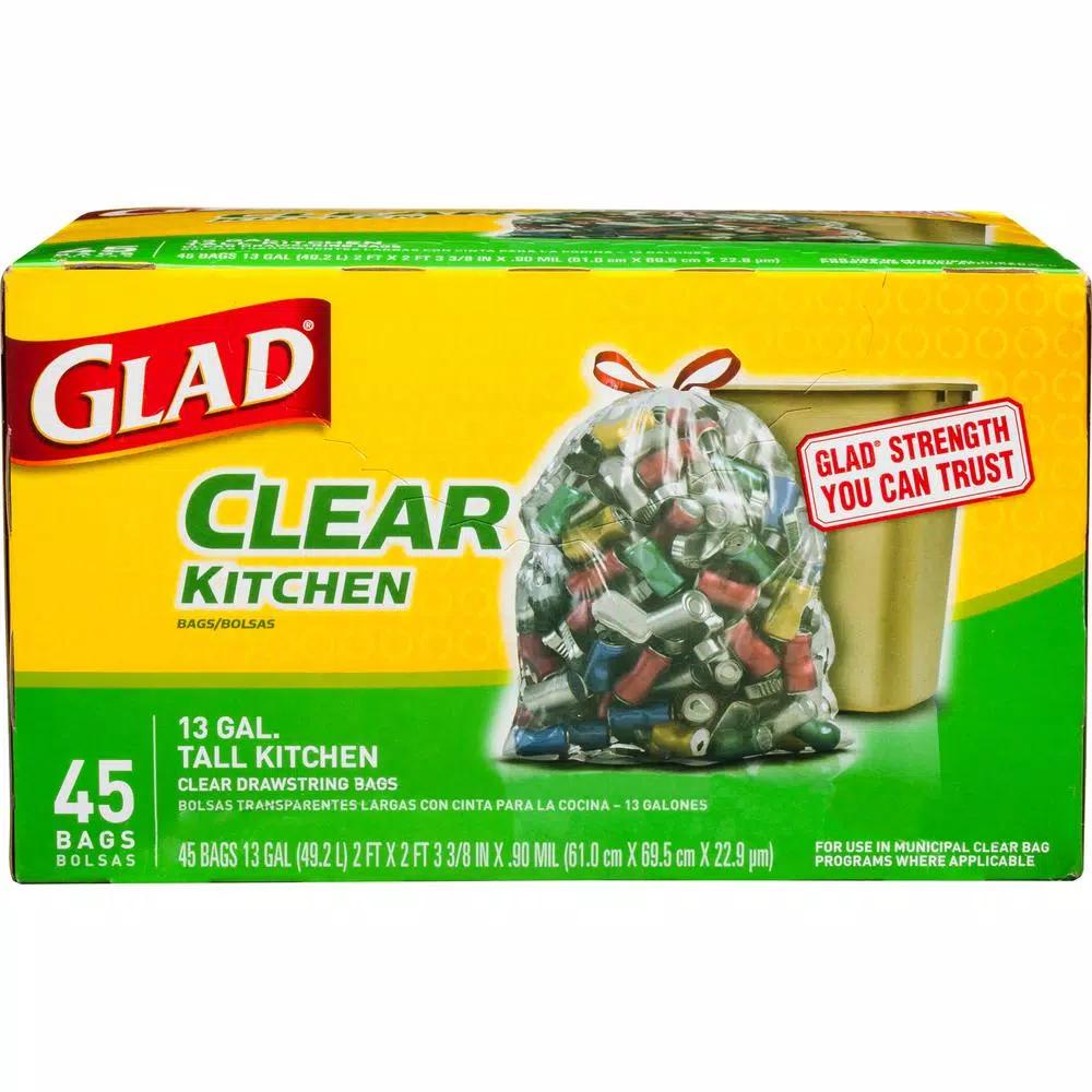 Glad 13 Gallon Tall Kitchen Clear Drawstring Recycling Bags, 45 Count