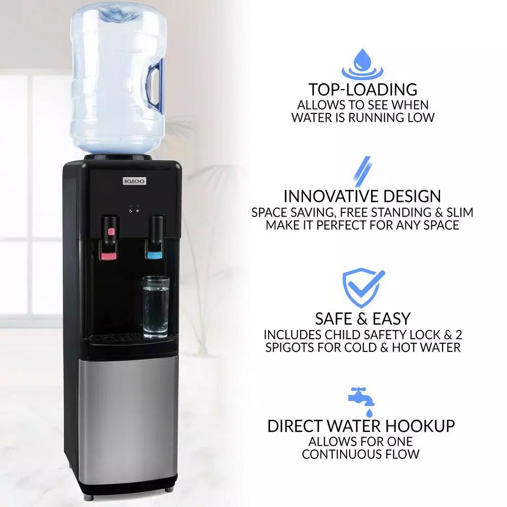 Igloo Top Loading Water Dispenser, Hot and Cold Water Cooler in Black and Stainless Steel