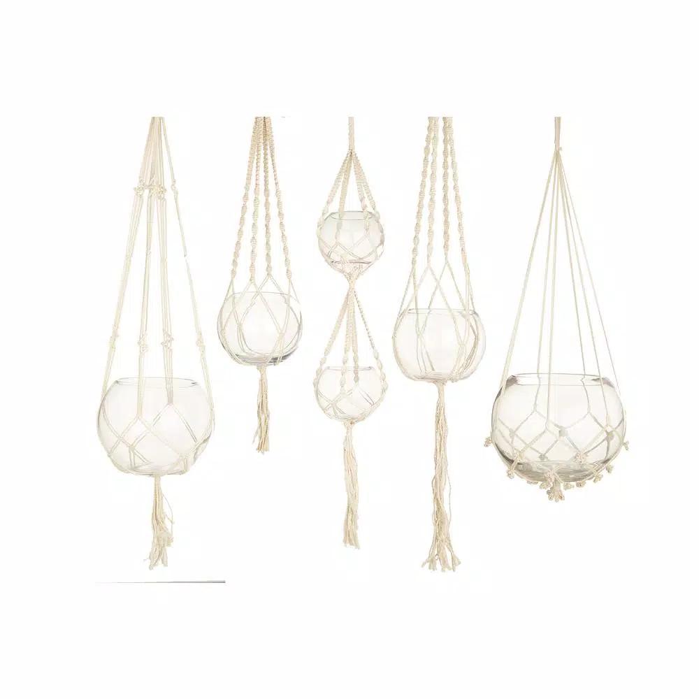 Two's Company Handcrafted Macrame Plant Hangers with Clear Glass Bowls, Set of 5