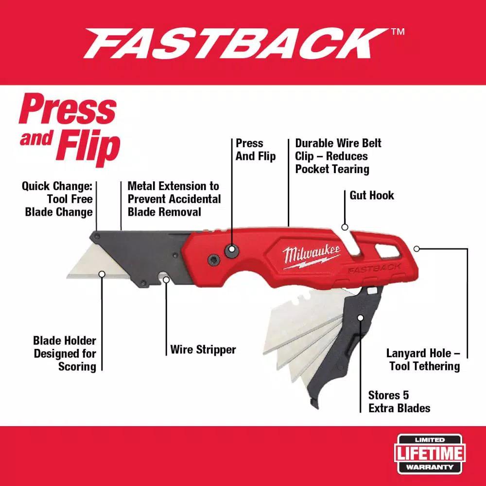 Milwaukee FASTBACK Folding Utility Knife Set with Blade Storage and 50-Pack General Purpose Blades