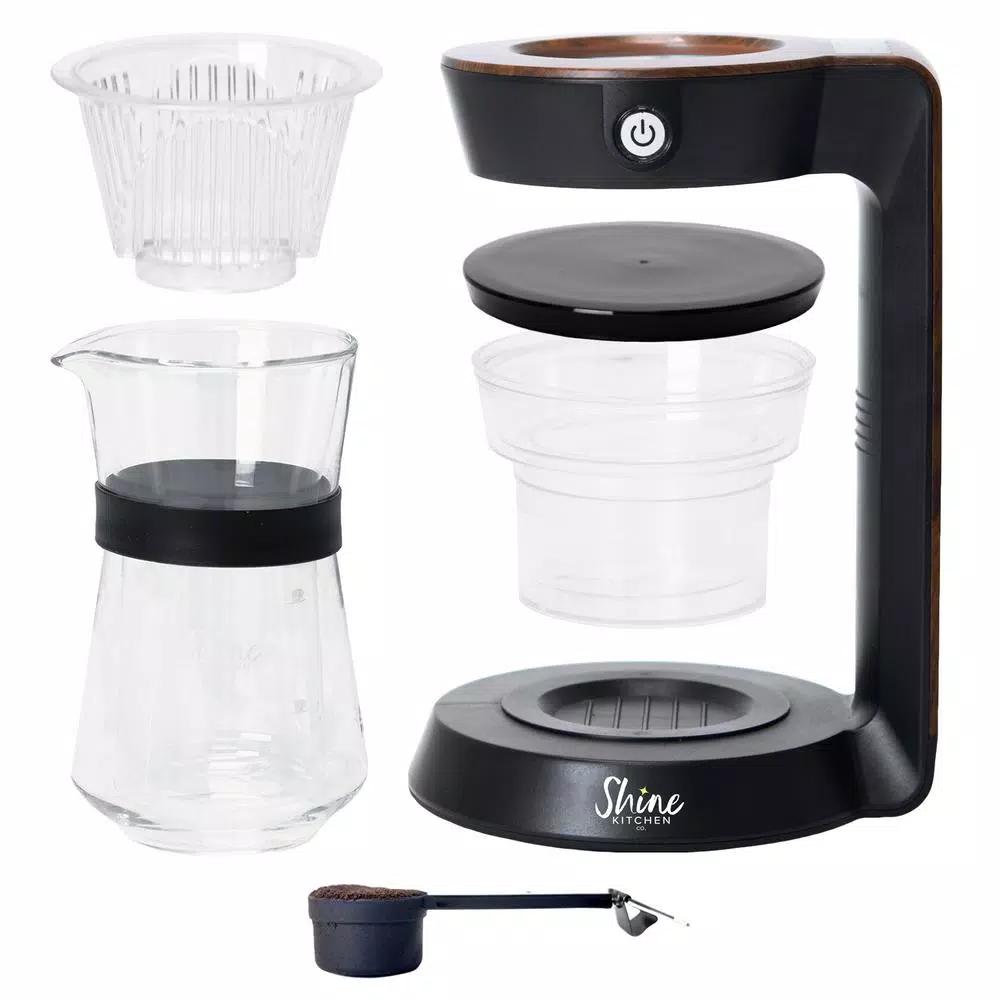 TRIBEST Shine Automatic Pour Over Coffee Machine with 2-Cup Double Wall Glass Carafe, Black with Wood Finish