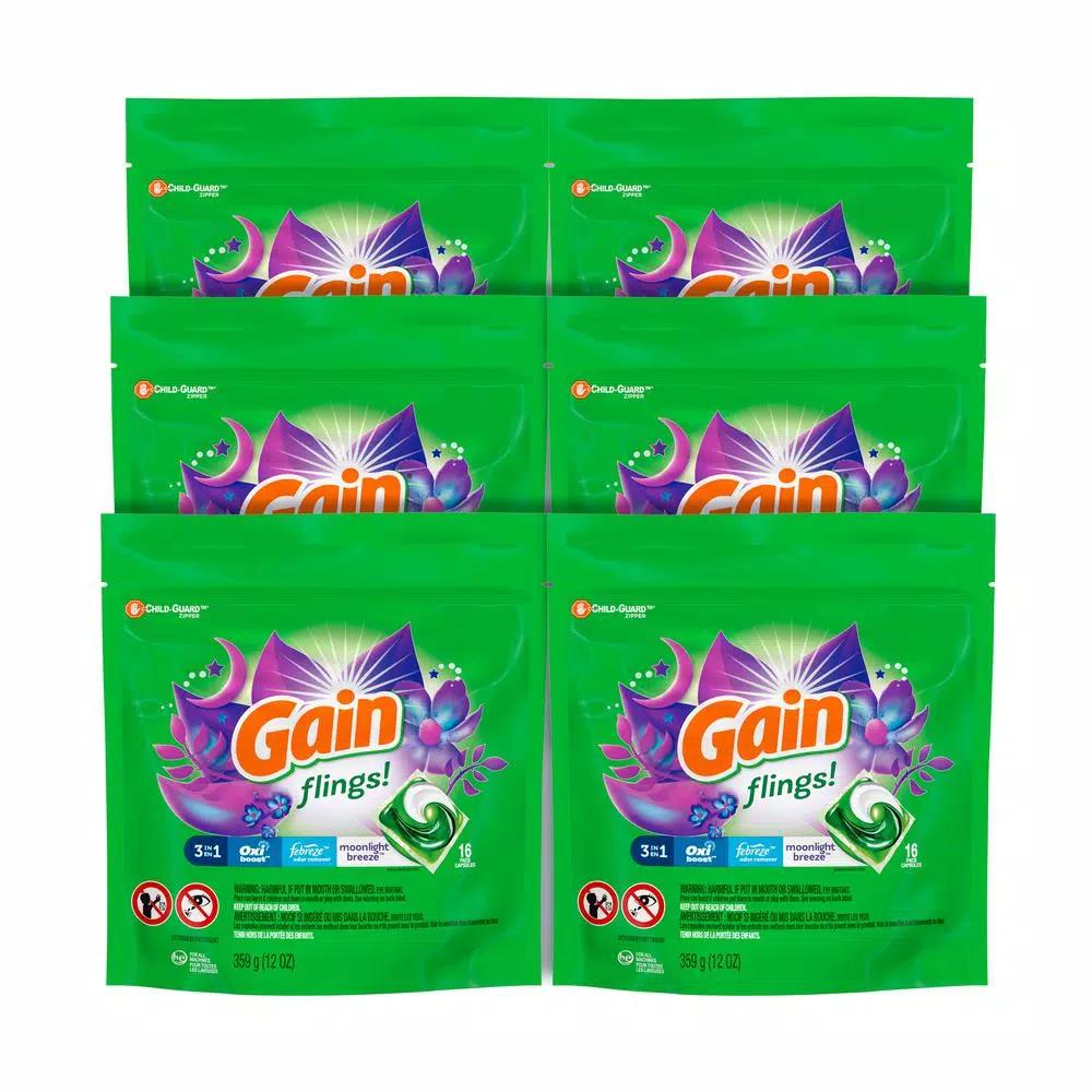 Gain Flings Moonlight Breeze Scent Laundry Detergent Pods, 16-Count (6-Pack)