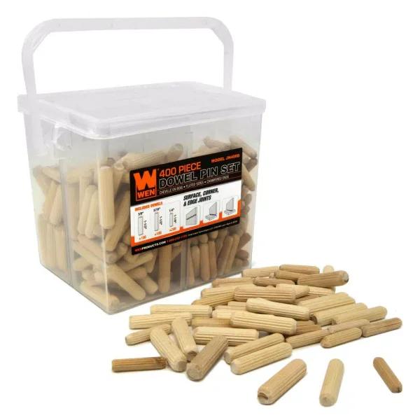 WEN 400-Piece Fluted Woodworking Dowel Pin Variety Bucket - 1/4 in., 5/16 in., and 3/8 in. Birch Dowels