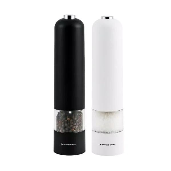 Ovente Electric Salt and Pepper Grinder Set, Battery Operated, Adjustable Coarseness, Black and White