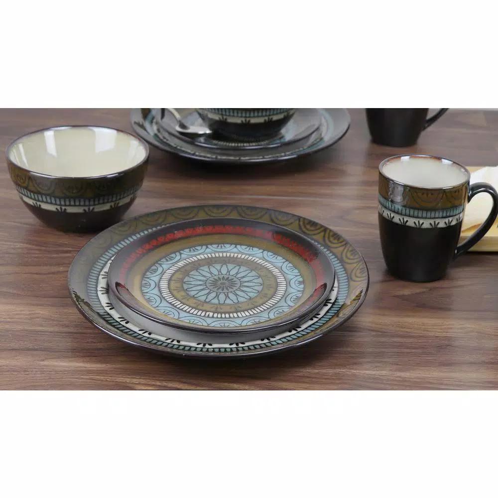 Lorren Home Trends 16-Piece Stoneware Dinnerware Set, Service for 4, Assorted Earth Tone Mosaic Design