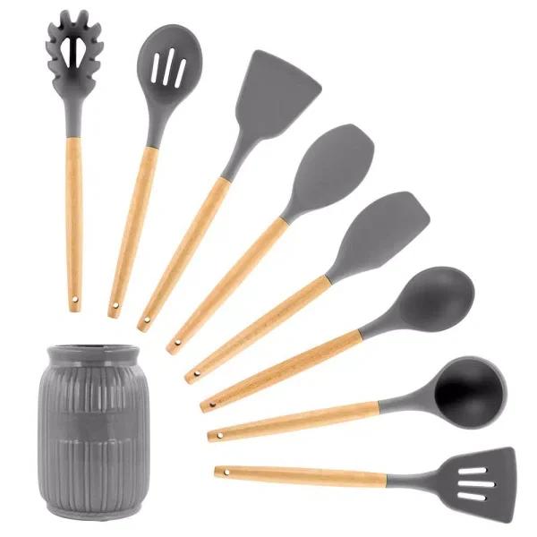 MegaChef 9-Piece Gray Silicone and Wood Kitchen Utensil Set with Ceramic Holder