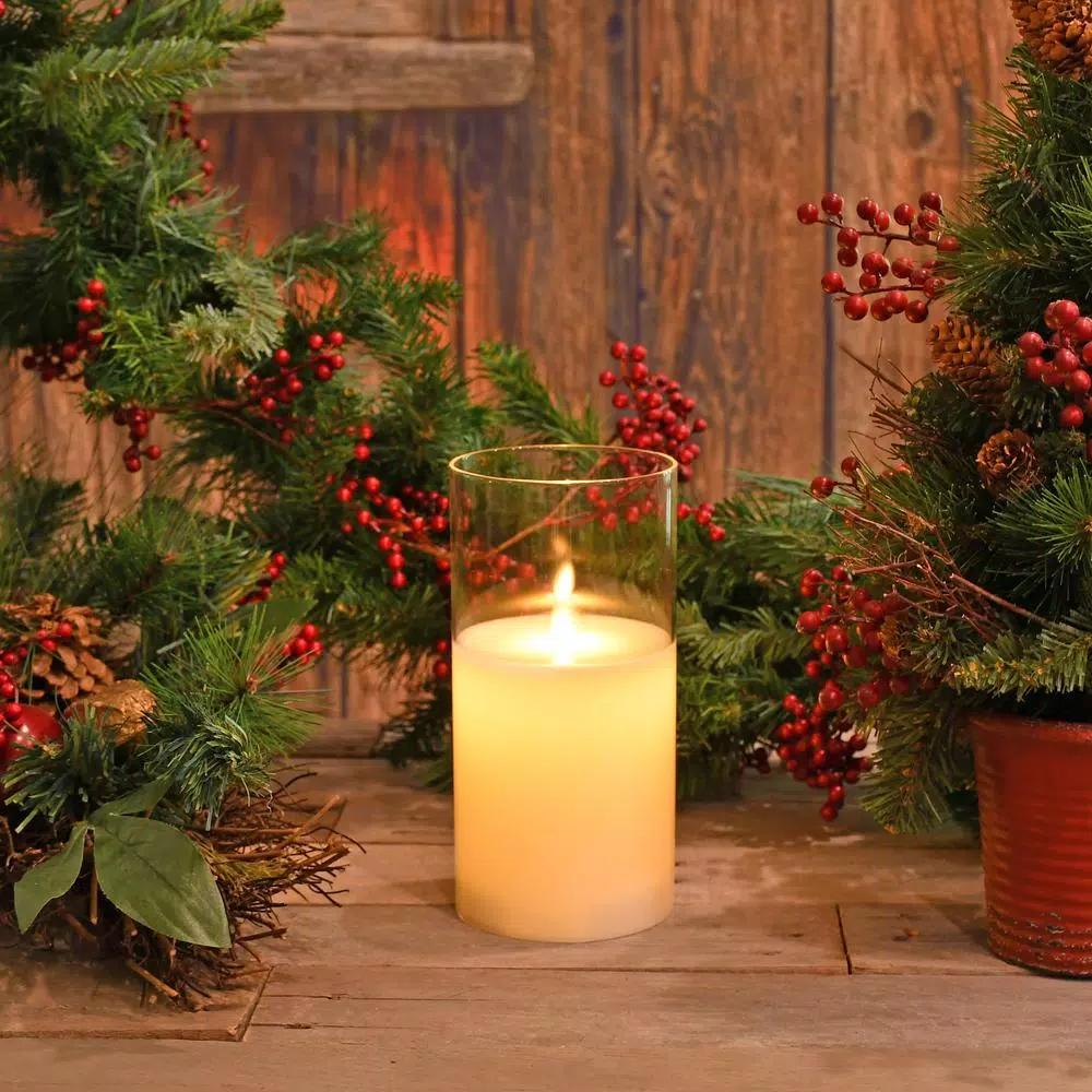 LUMABASE 8 in. Glass Hurricane LED Flameless Candle with Moving Flame, Battery Operated