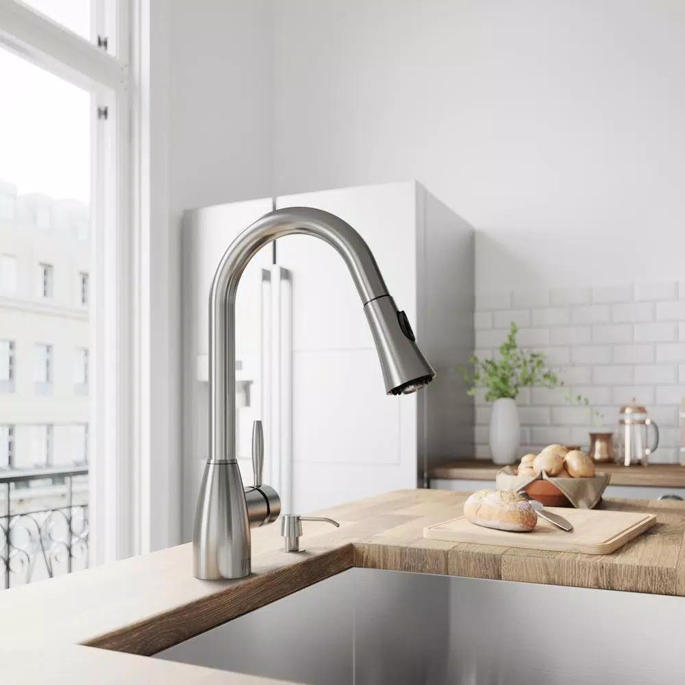VIGO Aylesbury Single-Handle Pull-Down Kitchen Faucet with Soap Dispenser, Stainless Steel