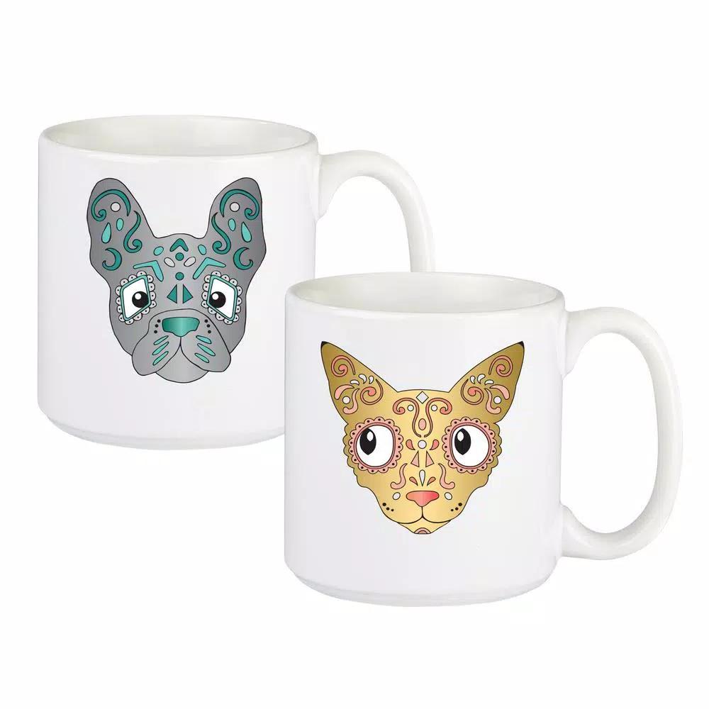 Cathy's Concepts Sugar Skull Pet Halloween Ceramic Coffee Mugs, Set of 2, 20 oz.