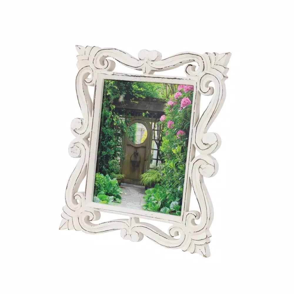 LITTON LANE 8x10 Hand-Carved Mango Wood Picture Frame - Antique Whitewash Rectangular Tabletop Frame