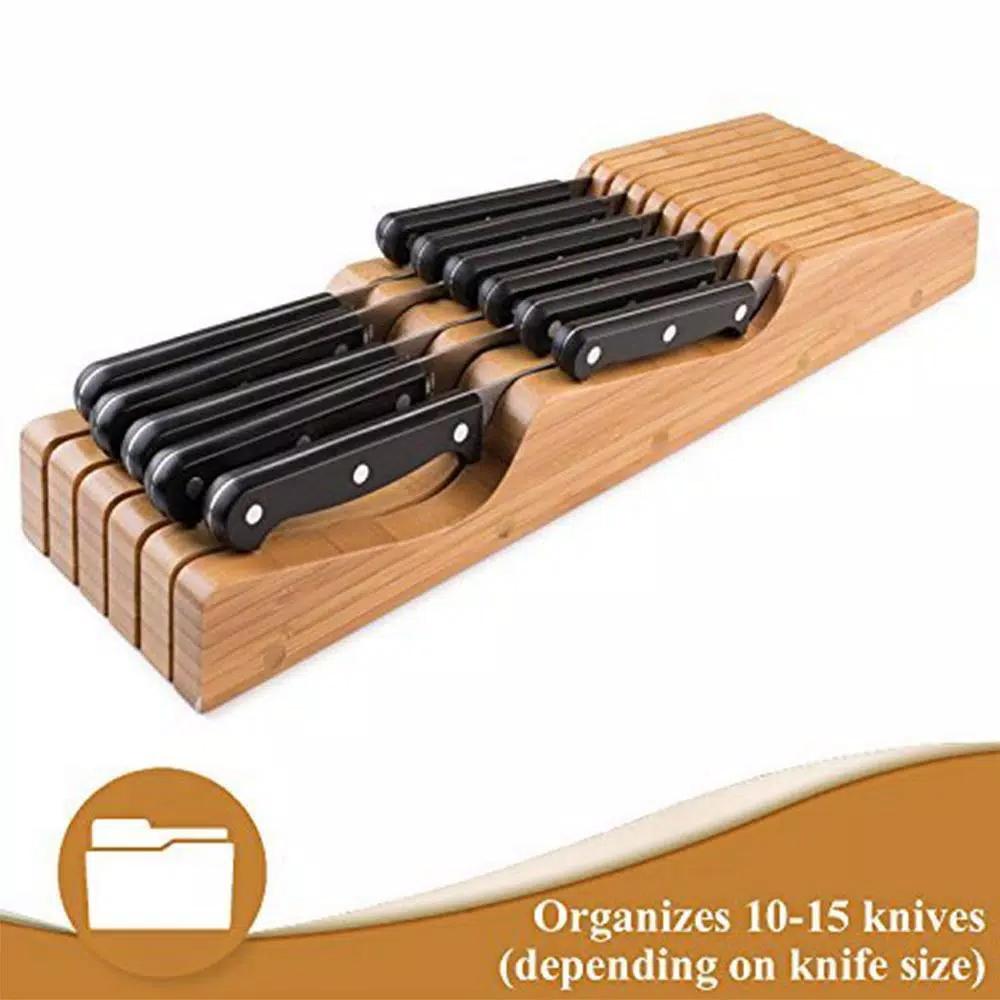 Bambusi Bambsi Bamboo In-Drawer Knife Block Organizer, 15 Slot Wood Knife Storage for Kitchen Drawers