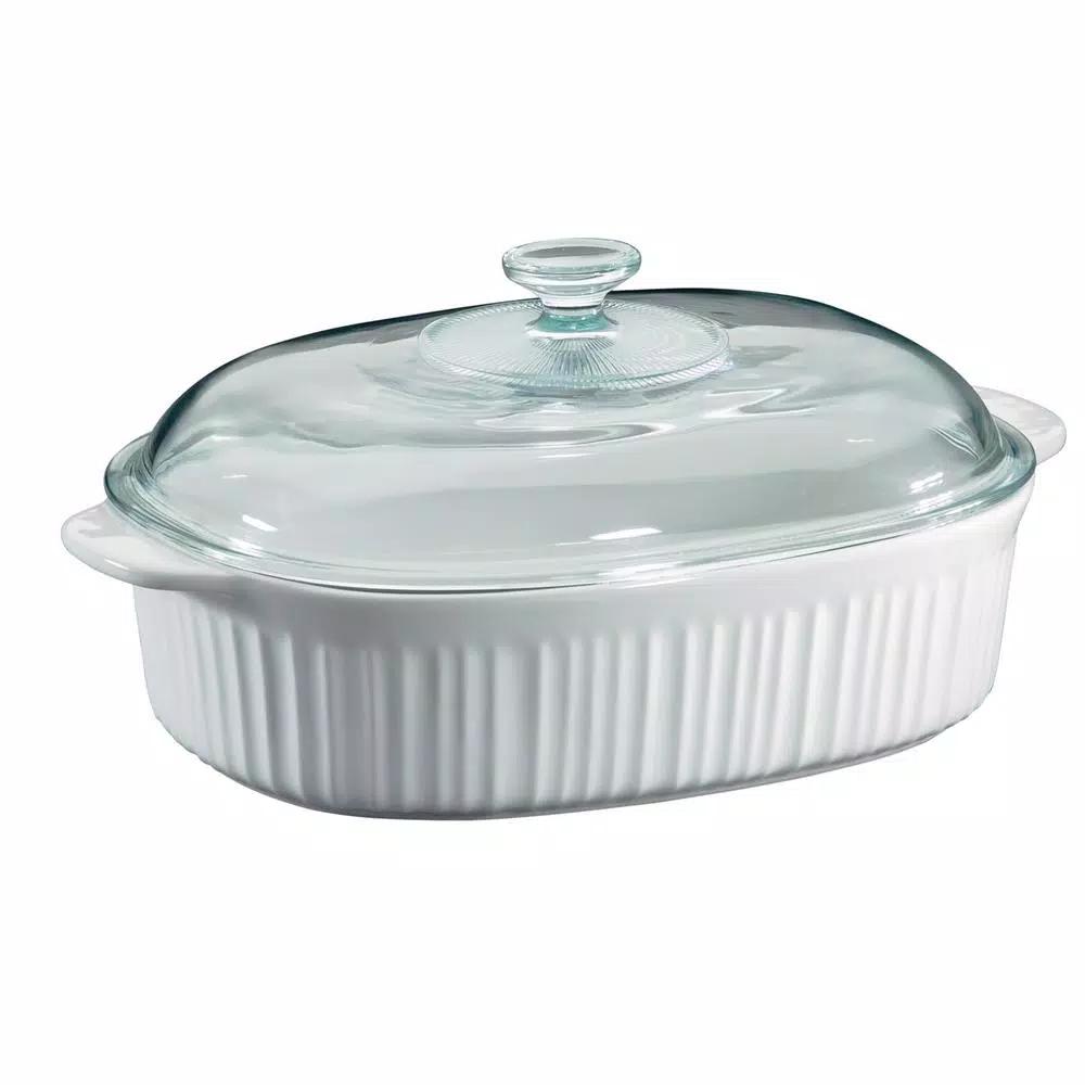 CorningWare 4-Qt Oval Ceramic Casserole Dish with Glass Lid, French White