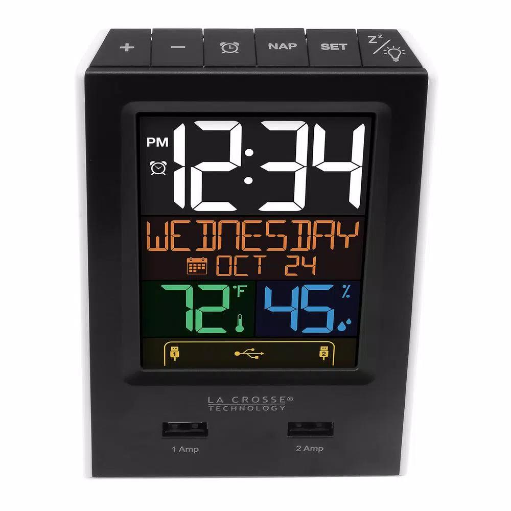 La Crosse Technology Digital Desktop Alarm Clock with Dual USB Charging Ports, Nap Timer, and Temperature/Humidity Display