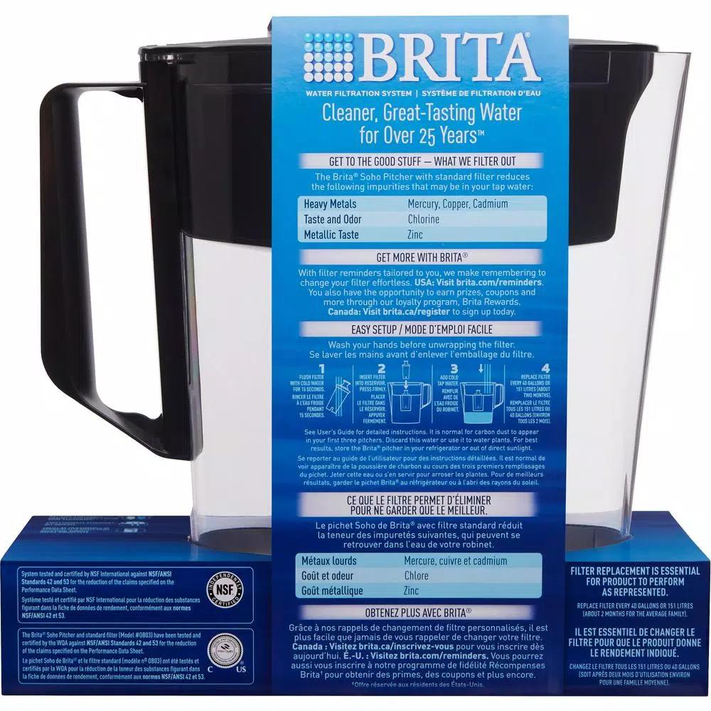 Brita Soho 5-Cup Water Filter Pitcher, BPA-Free, Black