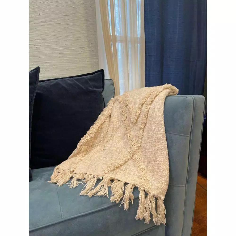 LR Resources LR Home Handmade Boho Tufted Cotton Throw Blanket with Fringe, Beige, 50 x 60 in