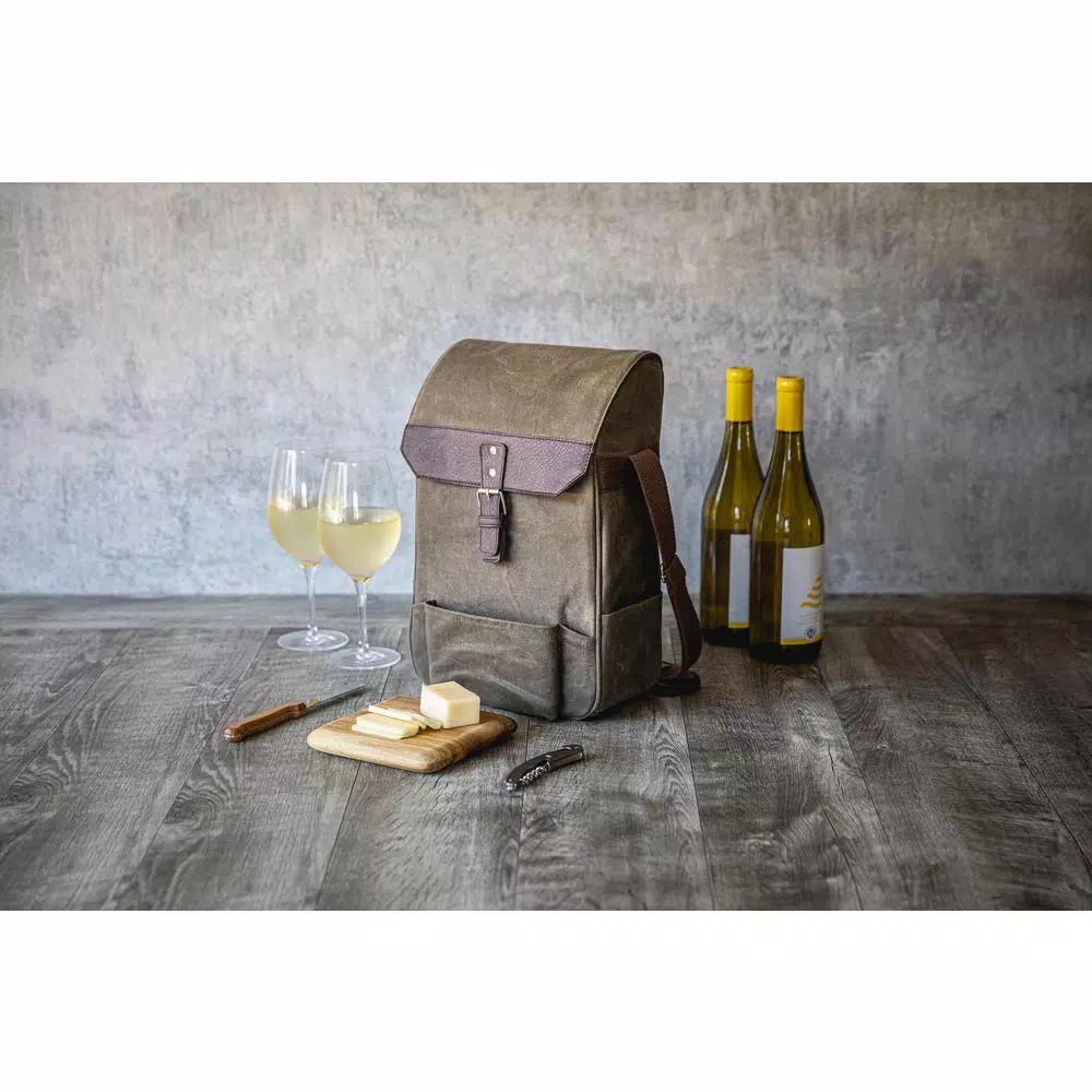 Picnic Time Khaki Green Waxed Canvas 2-Bottle Wine Cooler Bag and Acacia Wood Cheese Board Set