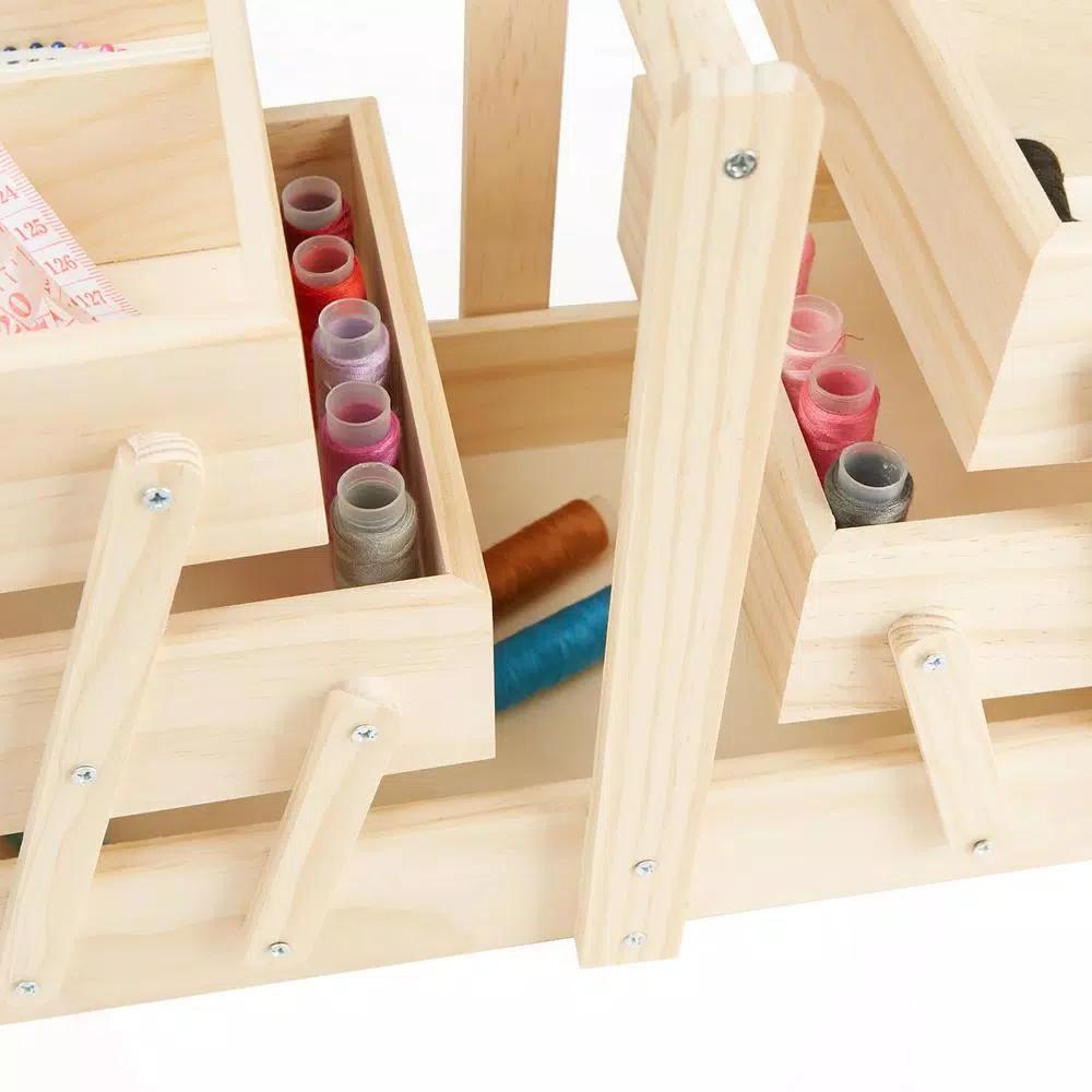 Mind Reader Wooden Sewing Kit Organizer Box for Needles, Thread, and Scissors, Brown
