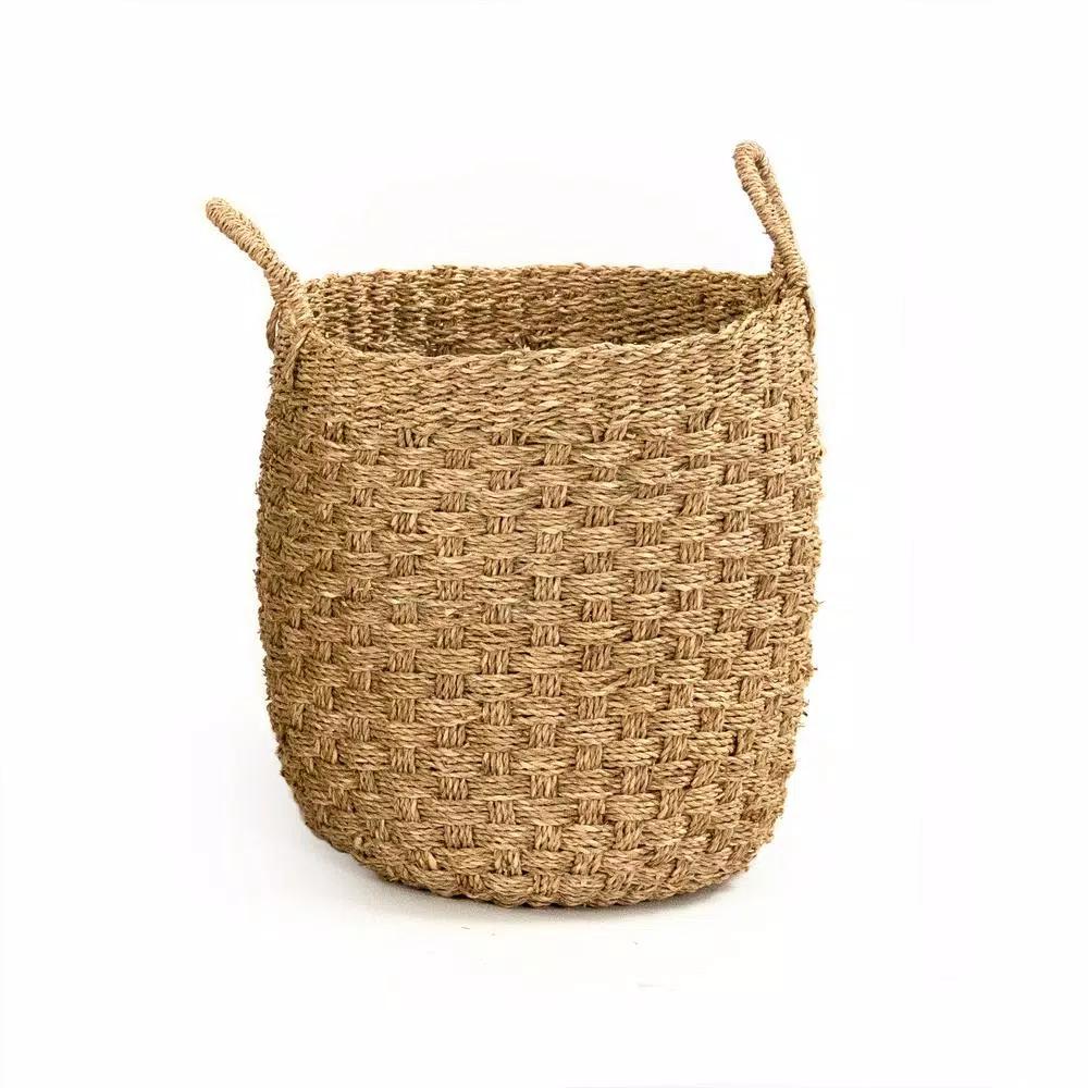 Zentique Hand Woven Cylindrical Seagrass and Palm Leaf Small Decorative Basket with Handles