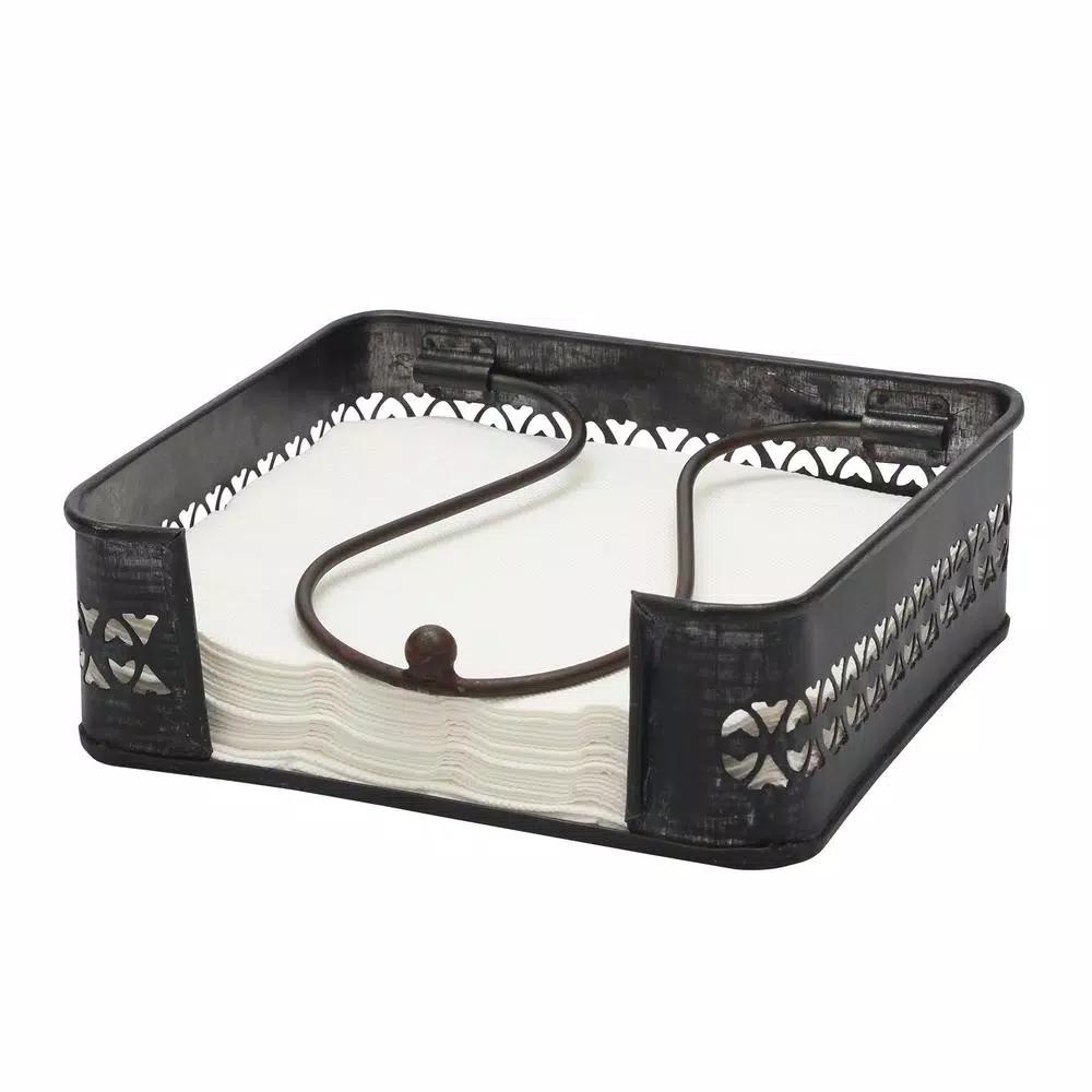 Stonebriar Collection 7 in. Graphite and Rust Metal Napkin Holder with Decorative Cutouts