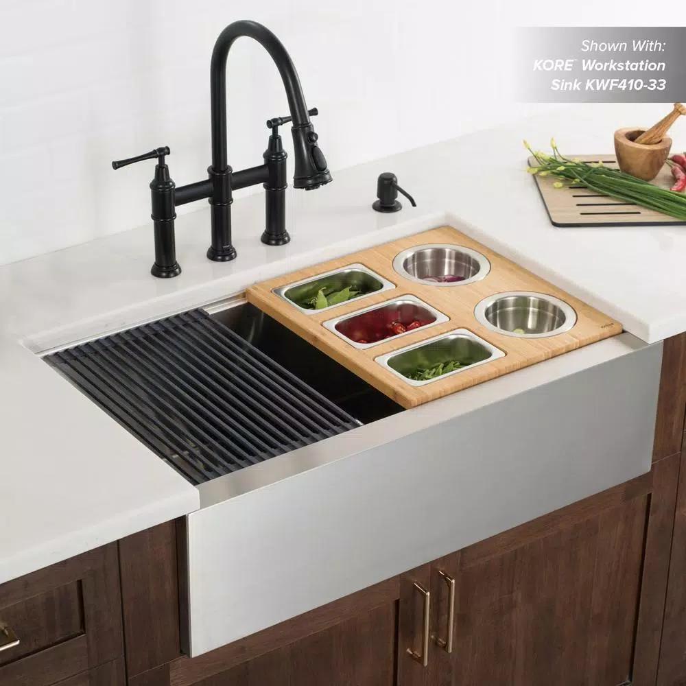 Kraus Workstation Kitchen Sink Accessory Set - Bamboo Serving Board & 5 Stainless Steel Prep Bowls