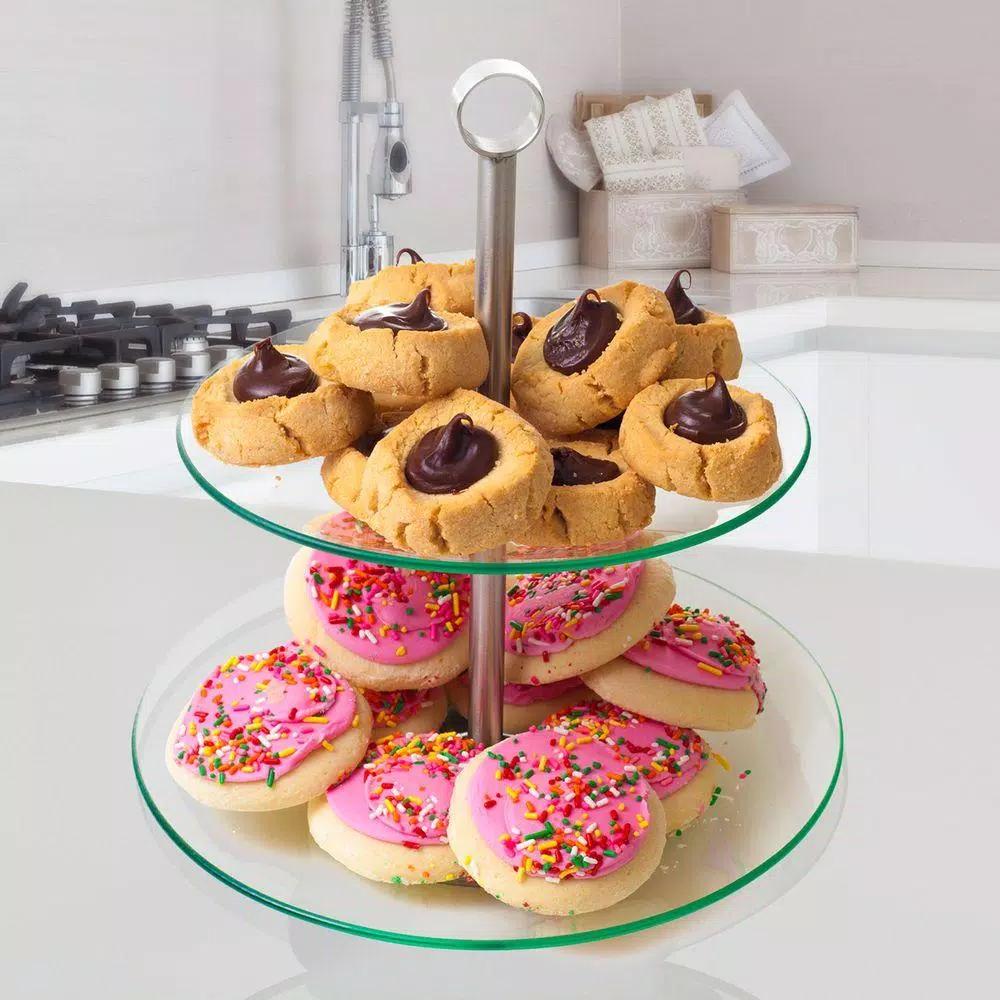 Chef Buddy 2-Tier Round Glass Buffet and Dessert Stand with Stainless Steel Base