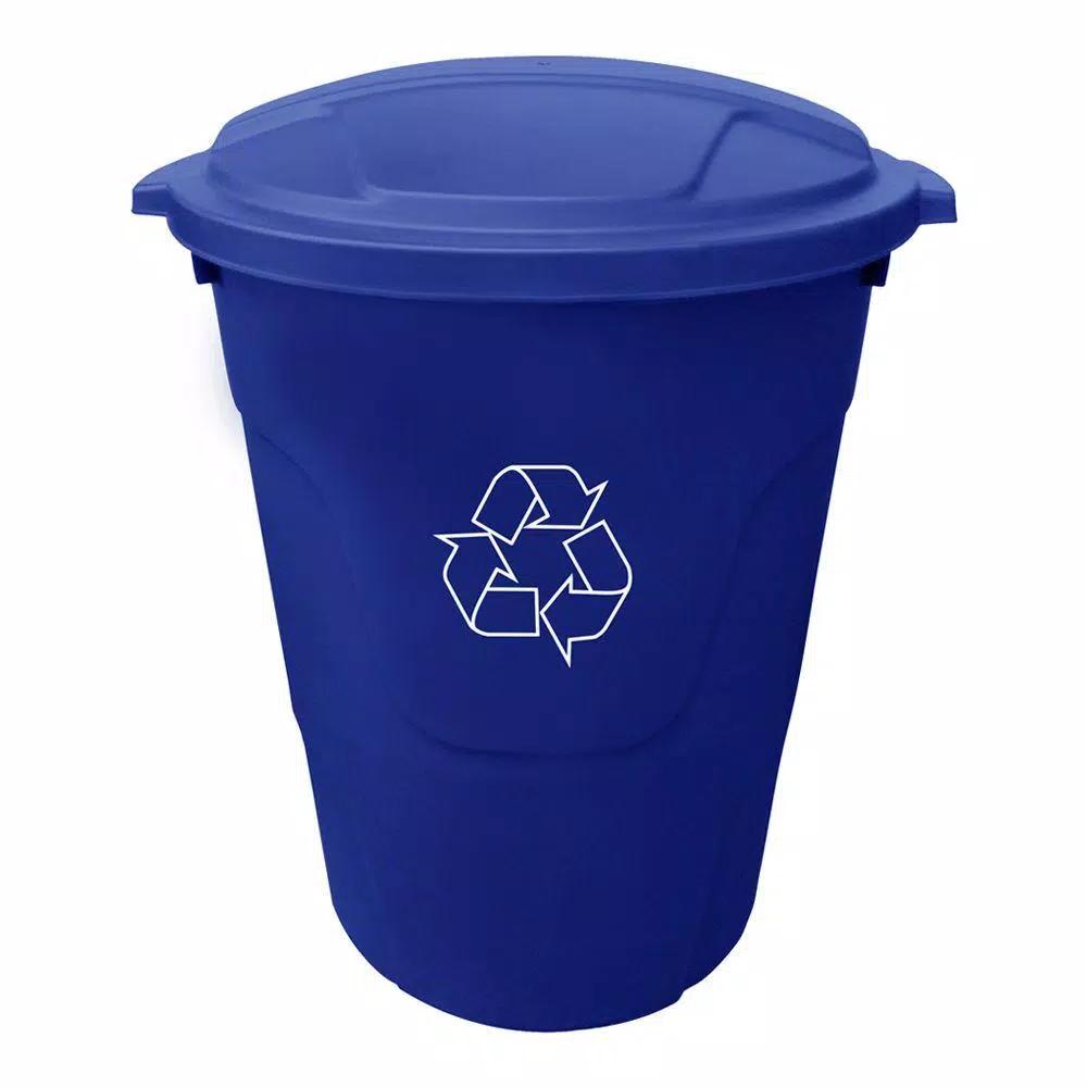 HDX Otto 32 Gal. Blue Round Plastic Recycling Bin with Lid and Recycling Logo