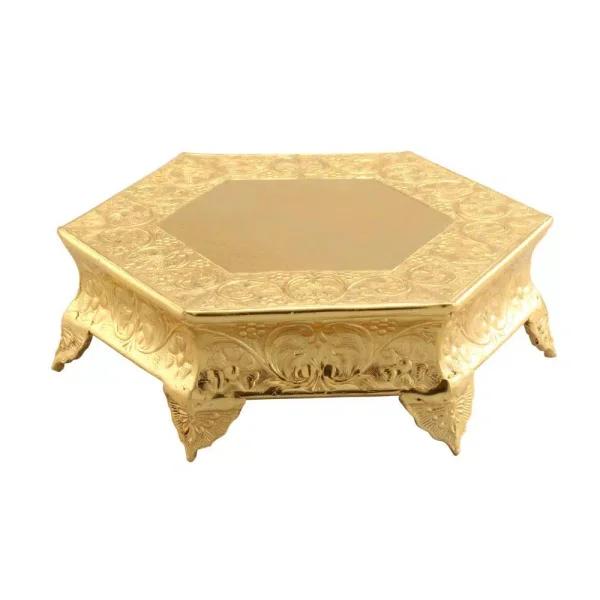 Benzara 16 in. Hexagonal Gold Metal Wedding Cake Stand with Embossed Art Detail
