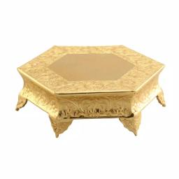 Benzara 16 in. Hexagonal Gold Metal Wedding Cake Stand with Embossed Art Detail thumbnail 1