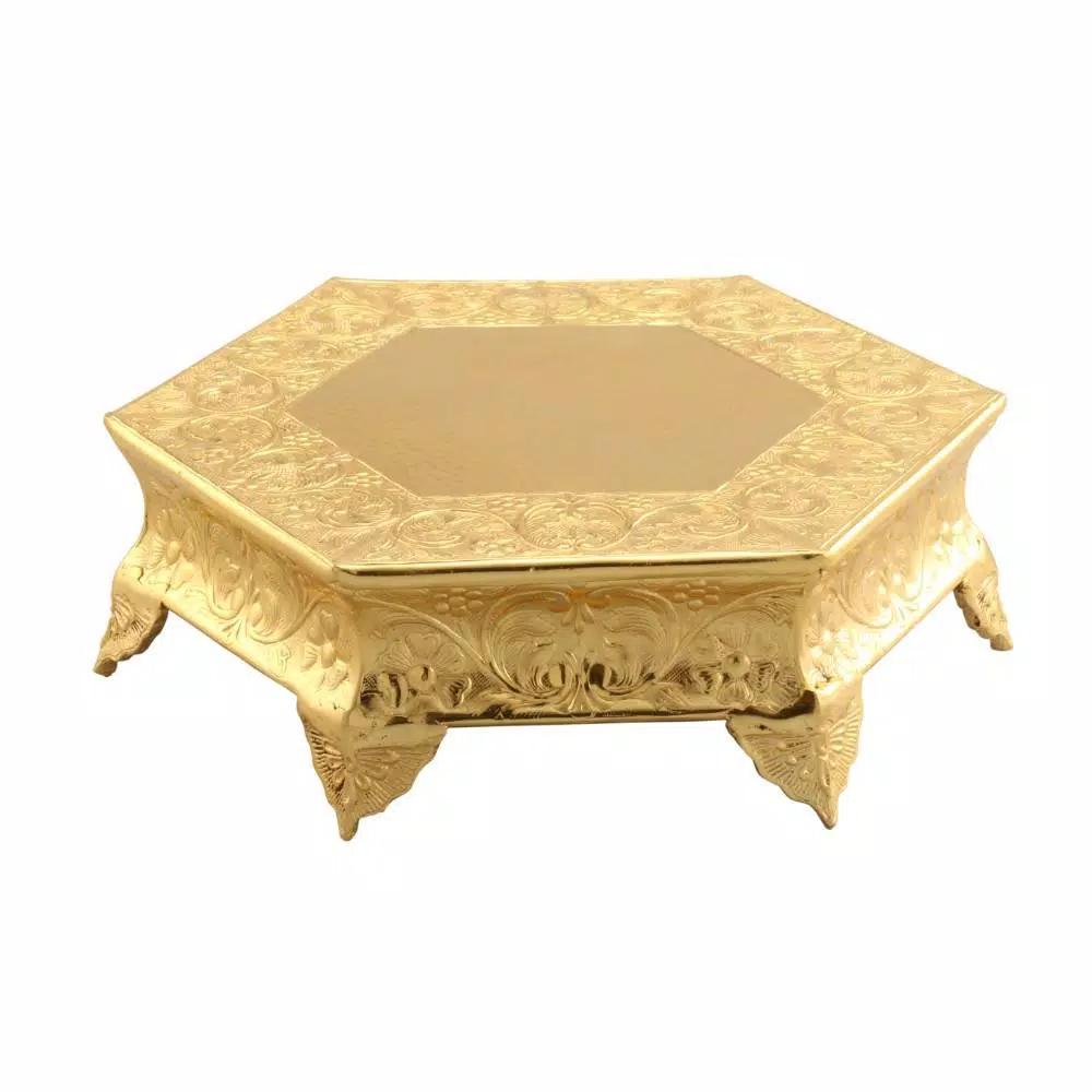 Benzara 16 in. Hexagonal Gold Metal Wedding Cake Stand with Embossed Art Detail