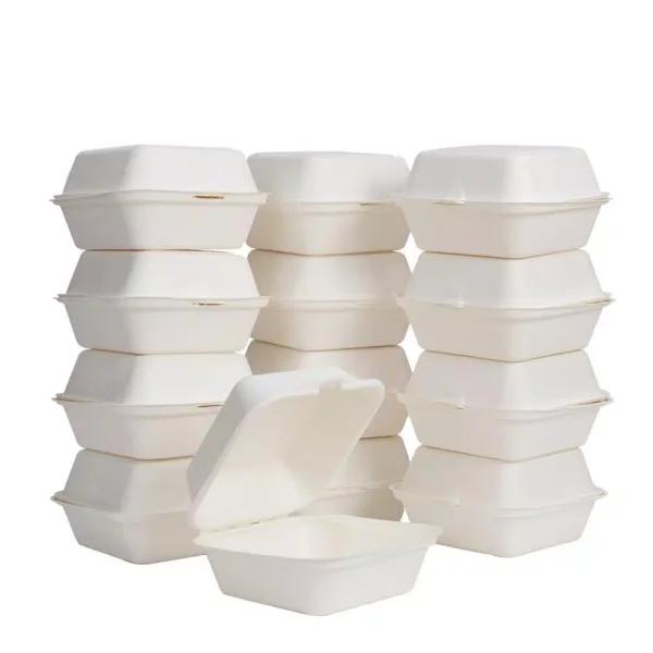 Unbranded 6 in. White Sugarcane Clamshell Containers, Compostable & Eco-Friendly (300 Pack)