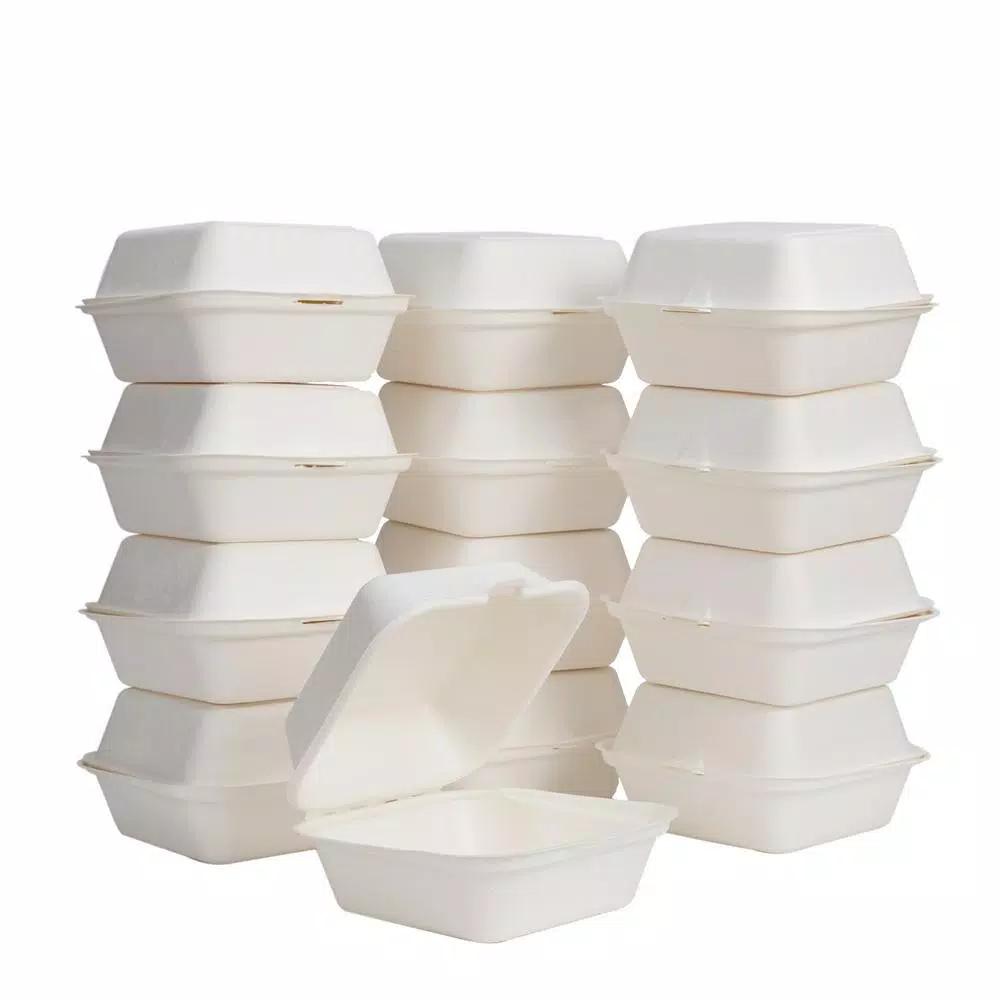 Unbranded 6 in. White Sugarcane Clamshell Containers, Compostable & Eco-Friendly (300 Pack)
