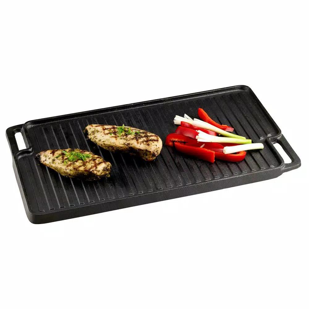 Basic Essentials 18 in. Cast Iron Rectangular Double Reversible Grill and Griddle, Pre-Seasoned Non-Stick
