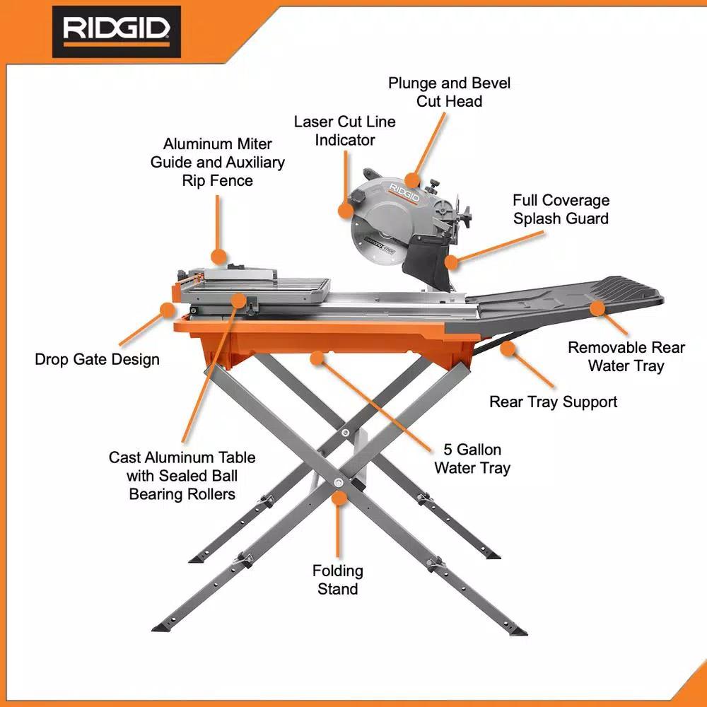 RIDGID 8 in. Wet Tile Saw with Stand, 12 Amp Corded Tile Saw with Extended Rip Capacity