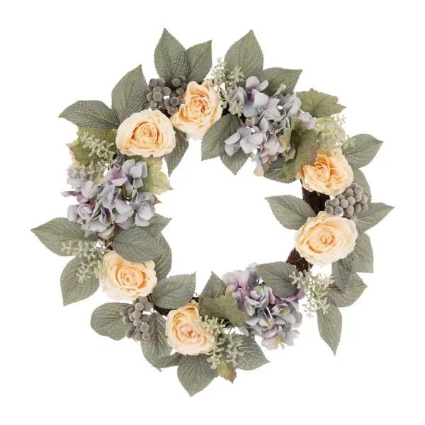 Glitzhome 22 in. Artificial Hydrangea and Rose Wreath, Multi-Colored Floral Decor