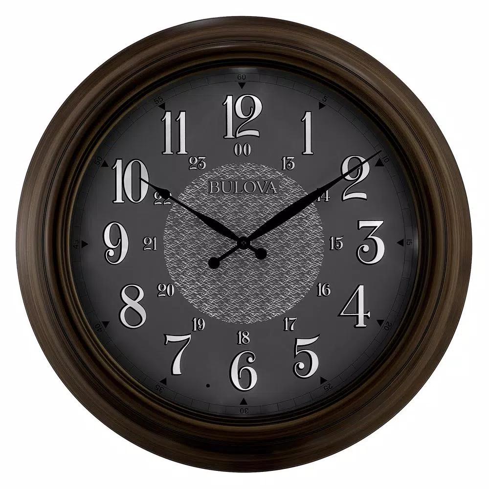 Bulova 24 in. Indoor Outdoor Wall Clock with Metal Wicker Finish and Auto-Illuminating LED Lights