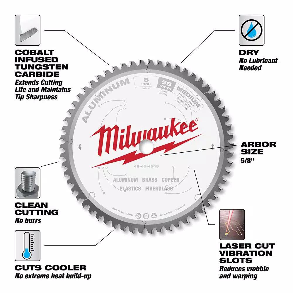 Milwaukee 8 in. 58T Carbide Teeth Aluminum and Metal Cutting Circular Saw Blade