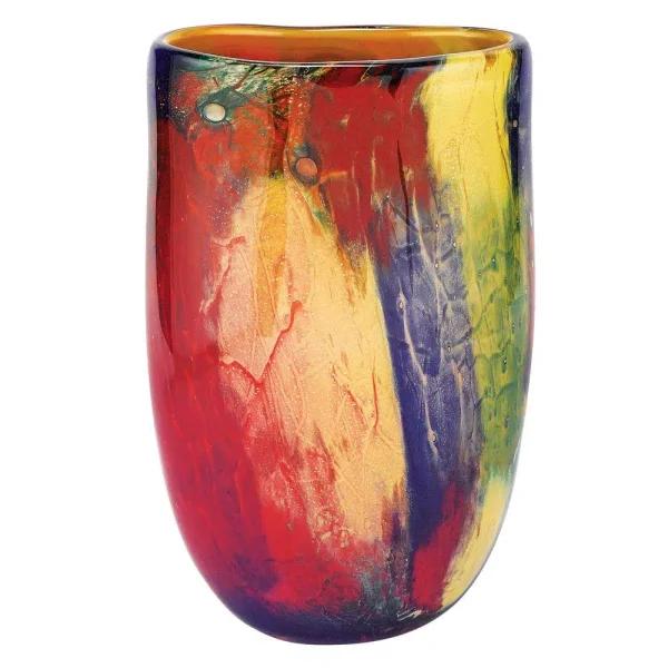 Badash Crystal Firestorm 11 in. Murano Style Mouth Blown Oval Art Glass Decorative Vase