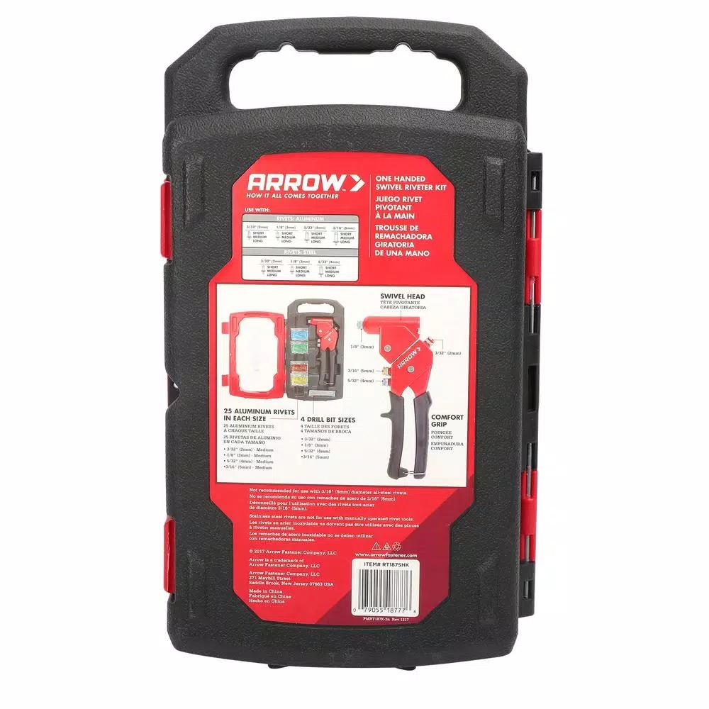 Arrow RT187SHK Swivel Head Rivet Tool Kit with 100 Assorted Rivets and 4 Drill Bits