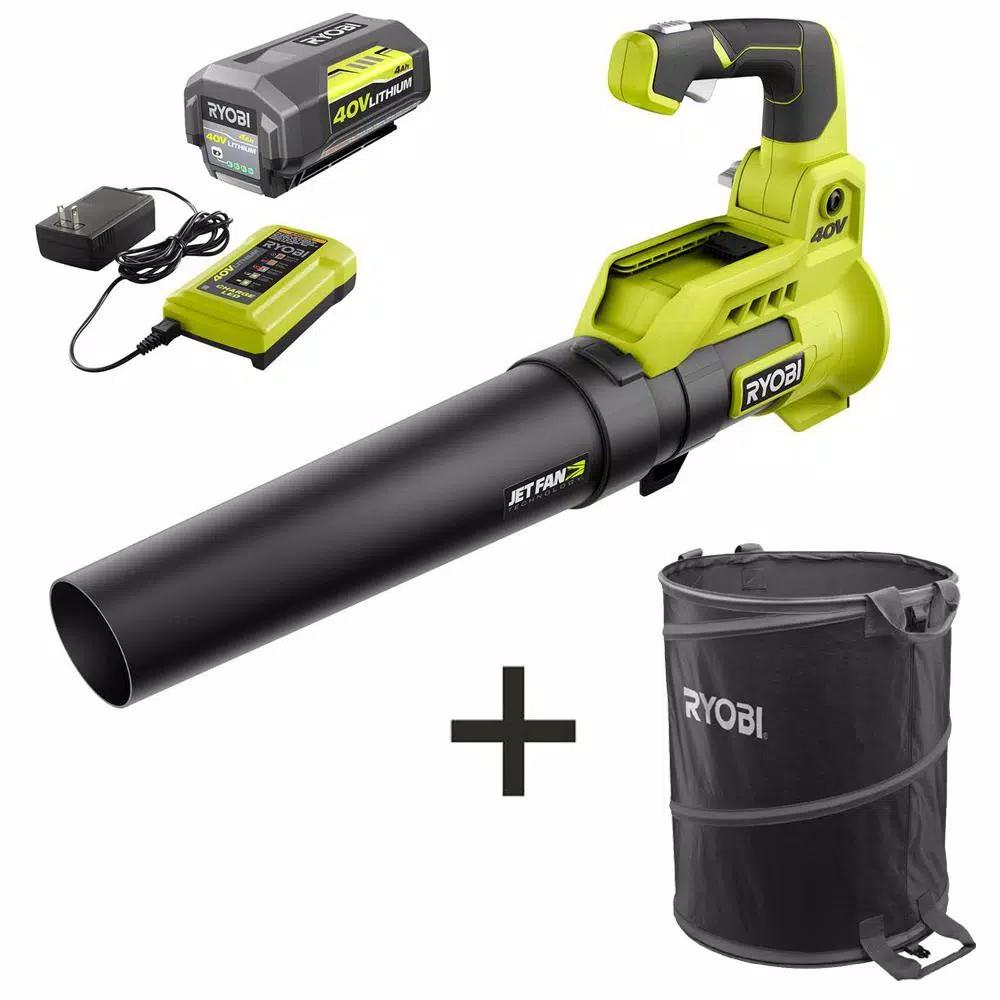 RYOBI 40V MAX Lithium-Ion Jet Fan Blower Kit with 4 Ah Battery, Charger, and Lawn & Leaf Bag