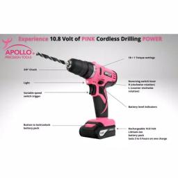 Apollo 10.8V Cordless Drill Driver Kit with 30-Piece Accessory Set, Pink thumbnail 6