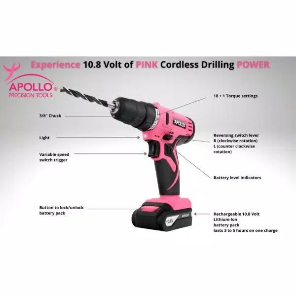 Apollo 10.8V Cordless Drill Driver Kit with 30-Piece Accessory Set, Pink