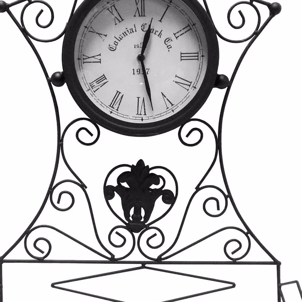 Benjara Epoch Black Metal Outdoor Clock with Scrollwork and Storage Base
