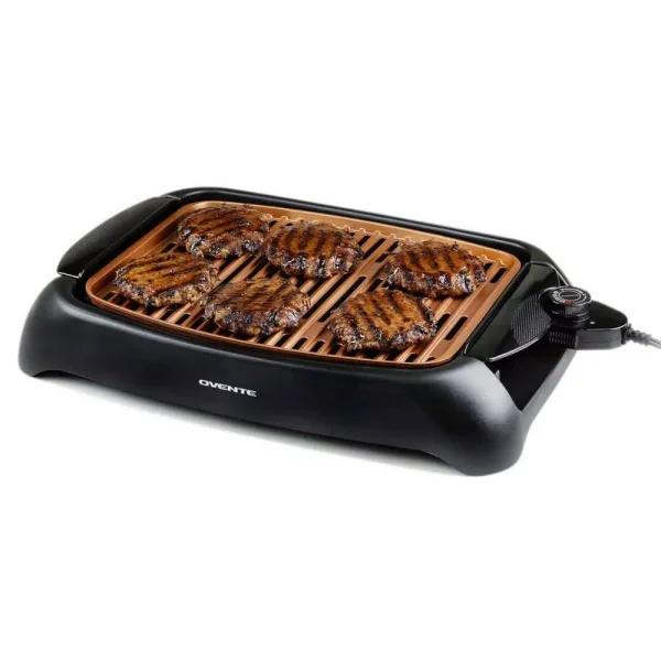Ovente 1000W Portable Indoor Smokeless Grill, 13x10 inch Non-Stick Aluminum Grilling Plate, Copper