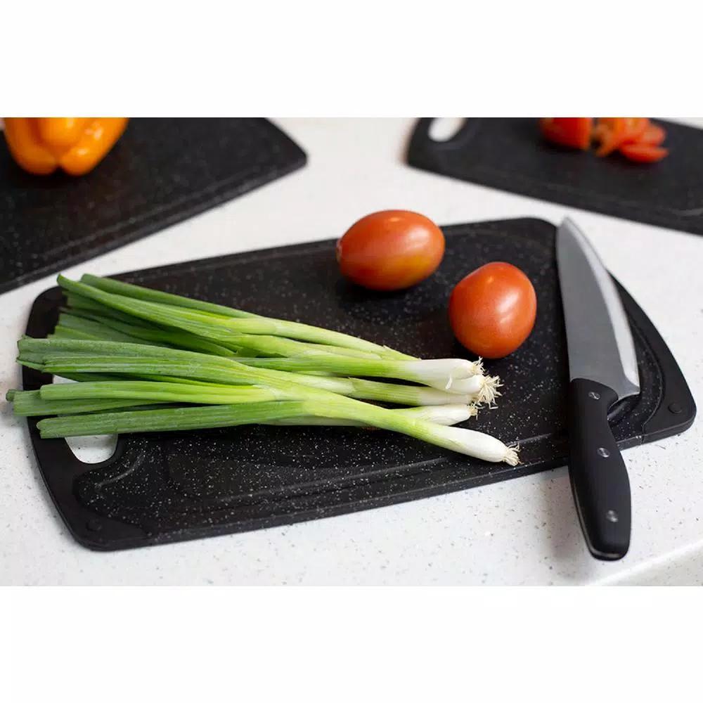 Unbranded 3-Piece Granite Look Plastic Cutting Board Set with Non-Slip Rubber Sides and Deep Juice Grooves, Black