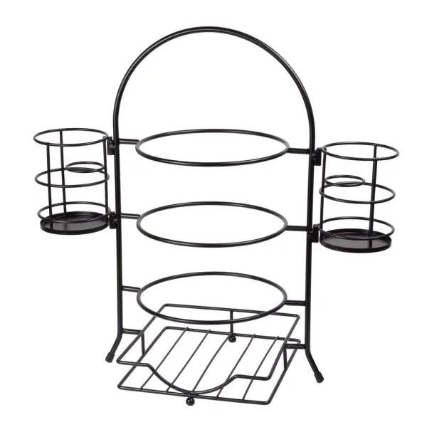 Creative Home 3-Tier Black Iron Buffet Caddy Serving Rack with Napkin and Flatware Holders