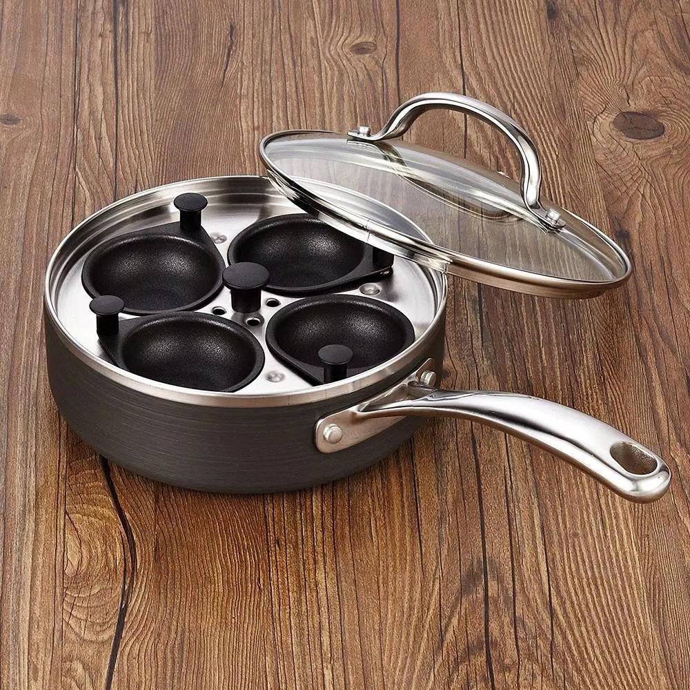 Cooks Standard 8 in. Hard Anodized Nonstick 4-Cup Egg Poacher Pan with Tempered Glass Lid