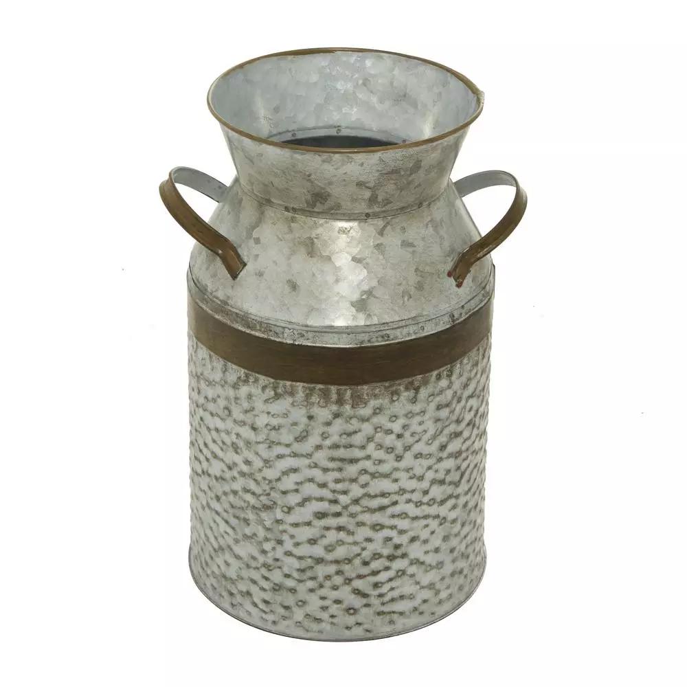 LITTON LANE 12 in. Farmhouse Rustic Galvanized Iron Milk Can with Hammered Finish